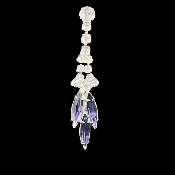 Vintage Silver Tone With Purple And Clear Glass Rhinestones Pierced Earrings - Picture 3 of 7